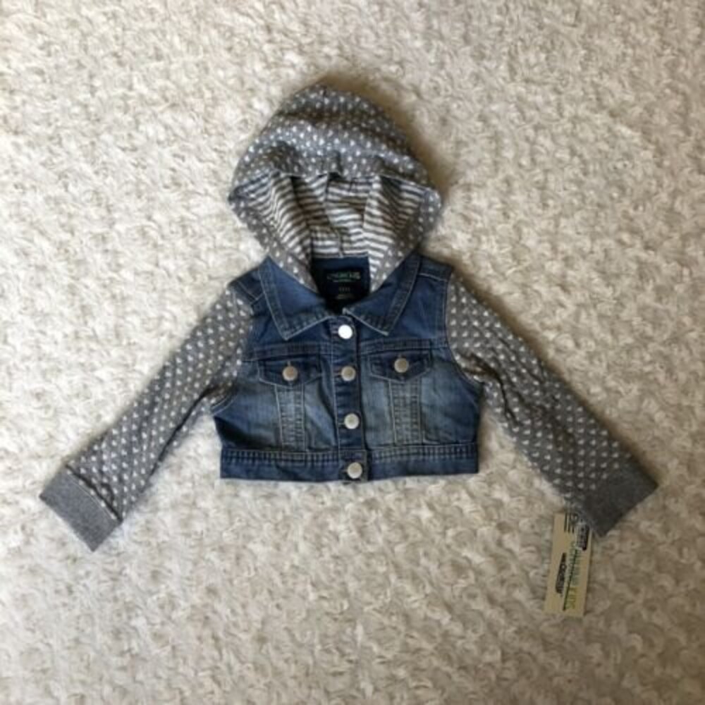 Genuine Kids OshKosh Grey Knit Heart Hooded Jean Jacket 12 Months